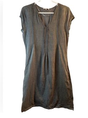 Sandwich Pintuck Linen Blend Short Sleeve Dress Gray